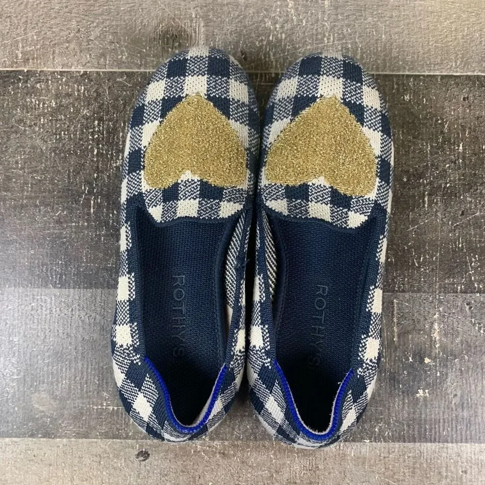 Rothy’s Big Girls Size 3 Gingham Loafers Gold Glitter Heart Plaid Ballet Flats